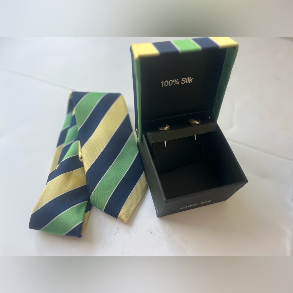 Atlas Diamond 100% Silk Tie And Cuff Set New In Box Gift Men Green Blue Pastor